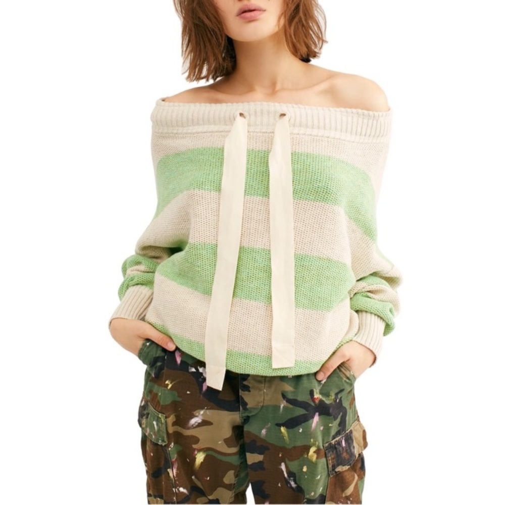 NWT Free People woman’s “Cassidy”” off Shoulder Striped Sweater green/cream XS